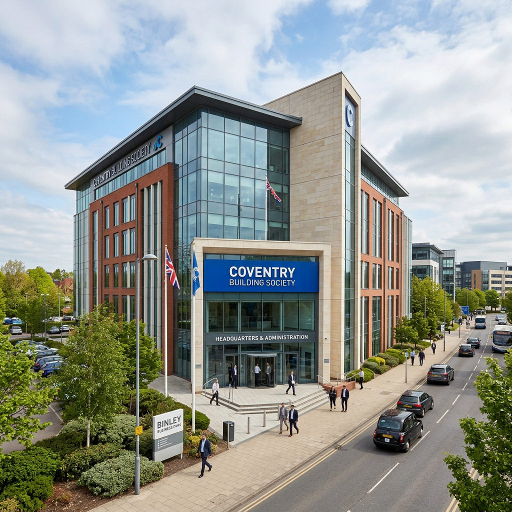 Coventry Building Society headquarters building with people walking nearby and cars on the street