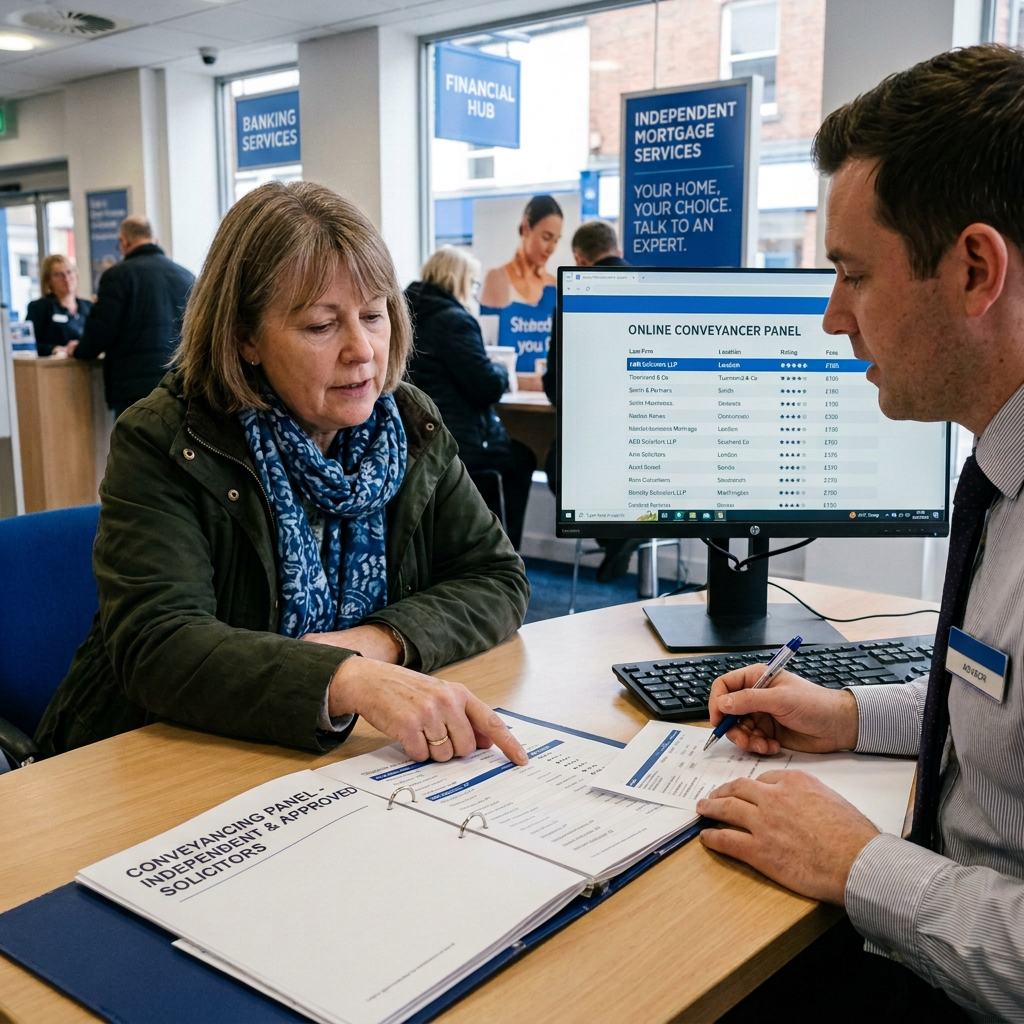 Financial advisor and client discussing conveyancing panel options with documents and computer screen