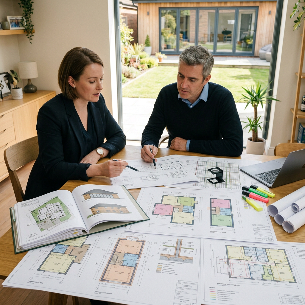 Two people reviewing architectural plans at a dining table
